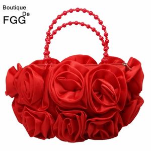 Sacs de soirée Boutique De FGG Fleur Rouge Rose Bush Femmes Satin Bourse Perlée Poignée Sac De Mariage Sac À Main De Mariée Embrayage 230325