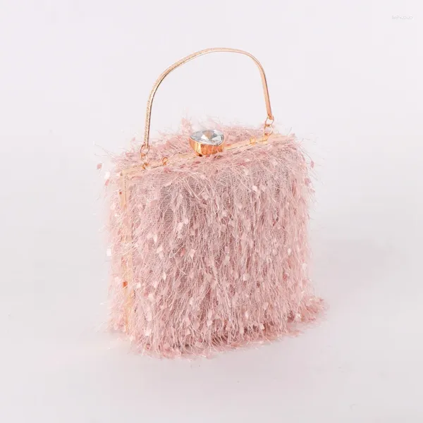 Sacs de soirée en forme de boîte avec plumes roses, sacs à main de fête pour dames, pochette de nuit de mariage, sac à main en peluche avec pompon de luxe