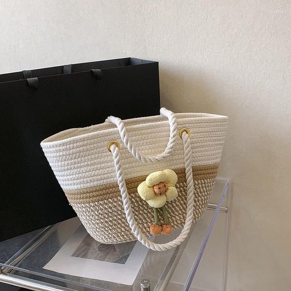 Sacs de soirée Brand Designer Paille tisser le sac d'écoute féminin Fleur décontractée Crossbody Small Bucket Handbag Summer Beach