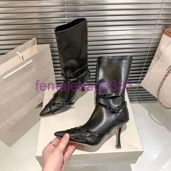 Sacs de soirée Cagole Designer Bottes Femme Hiver Noir Genou-haute Boucle Boucle Embellie Bout Pointu Sexy Talon Aiguille En Cuir Véritable Bottines Hautes chaussures de marque