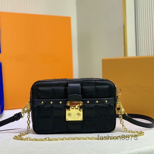 Bolsos de noche Bolso para cámara Bolsos cruzados para mujer Monedero con cadena dorada con solapa Damier con piel de oveja de algodón Paquete trasero Cuero ajustable