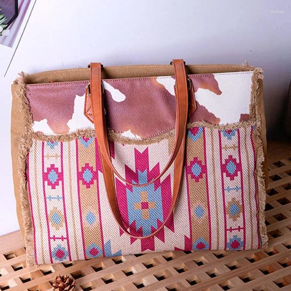 Bolsas de noche Bolsa de asas bohemia de lona para mujeres de gran capacidad de viajero Bolsos de un solo hombro Western Cowgirl Casual Ladies Hobo Monedero