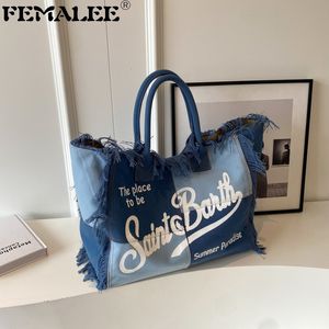 Sacs de soirée Toile Europe et Amérique Voyage Haute Capacité Sac Femme Marque de luxe Gland Sac à main Mode Denim imprimé Big Tote 230908