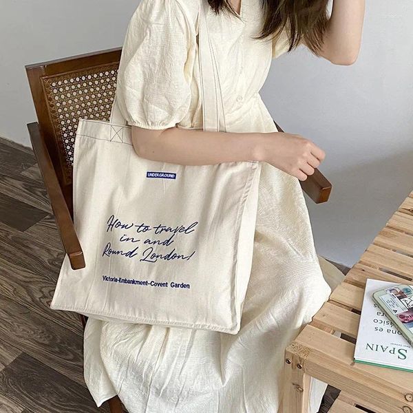 Bolsas de noche Lienzo Mujeres Bolsa de hombro Impresión de texto Beige Mujer Damas Compras Salir Tote portátil Chicas Estudiantes Libros Llevar bolsa