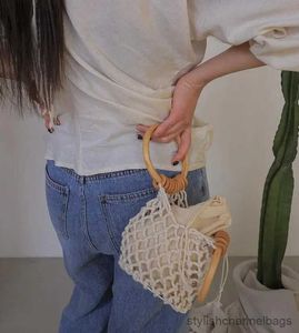 Avondtassen Casual retro geweven handtas houten handgreep met binnendoek drstring bucket Bag Vacation strandstijl polsback voor dames