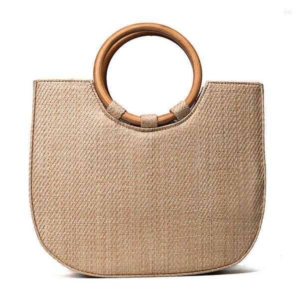 Bolsos de noche, bolso de paja informal para mujer, bolso de hombro tipo bandolera con asas circulares de madera, monedero con asa superior de Color sólido