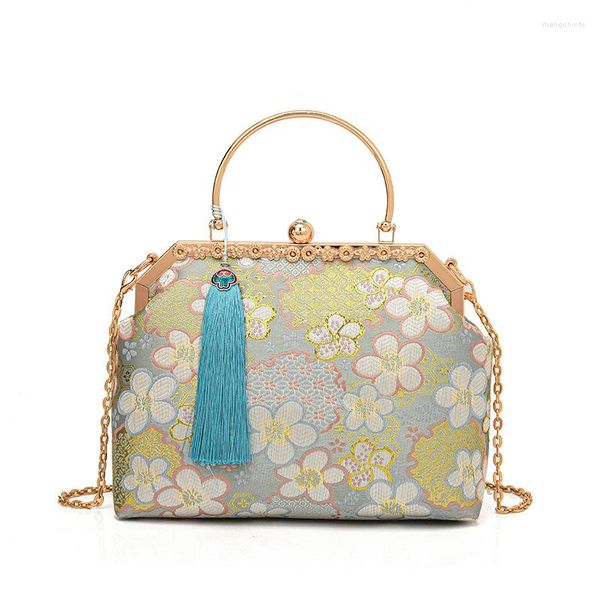 Bolsos de noche, bolso de concha de tela con estampado de flores tradicionales chinas, bolsos de mano de novia para fiesta de boda con cadena de borlas en el hombro