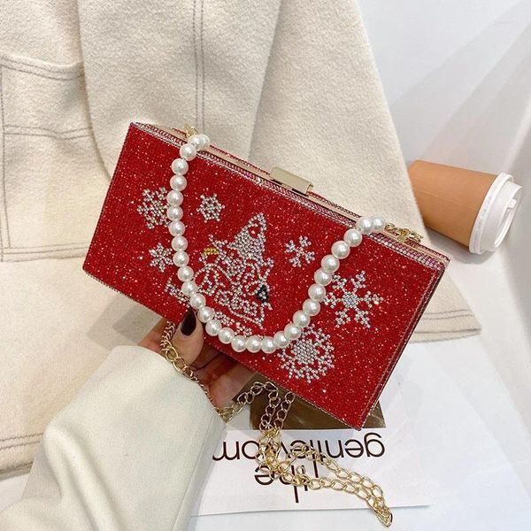 Pochette de fête de noël rouge Design de luxe diamant perle sac à main pour femmes chaîne épaule petits sacs à main