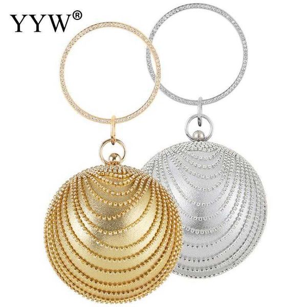 Sacs de soirée Bague circulaire en métal or / argent strass boule ronde sacs à main élégant luxe pochette sac à main petits portefeuilles de mariage 230427