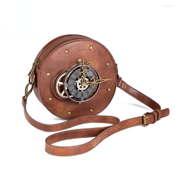 Bolsos de noche Circular Steampunk Gear bolso de hombro Vintage marrón PU cuero motocicleta calle Hiphop teléfono cartera monedero Mini mensajero