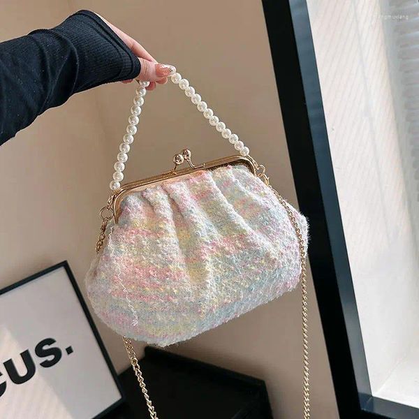 Bolsas de noche Classic Trendy Small Embragues Pink White Corduroy Seashell para mujeres Bolsos de perlas Cadena simple Hombro Crossbody