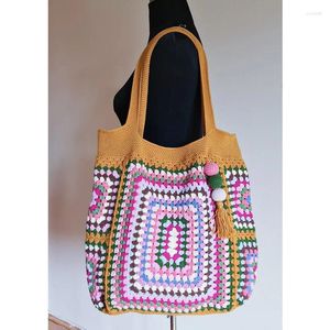 Bolsos de noche Colorido Crochet Boho Chic Granny Square Bolso de hombro Púrpura Beige Negro Amarillo Retro Bolsos de punto Hippie Playa de verano