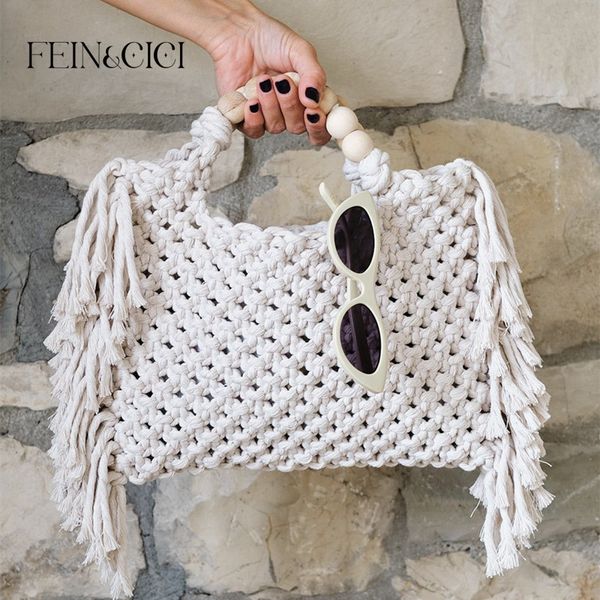 Sacs de soirée Crochet bohème chic Sac de plage à franges d'été Macrame Tote hand Beige blue market Vintage Style 230412