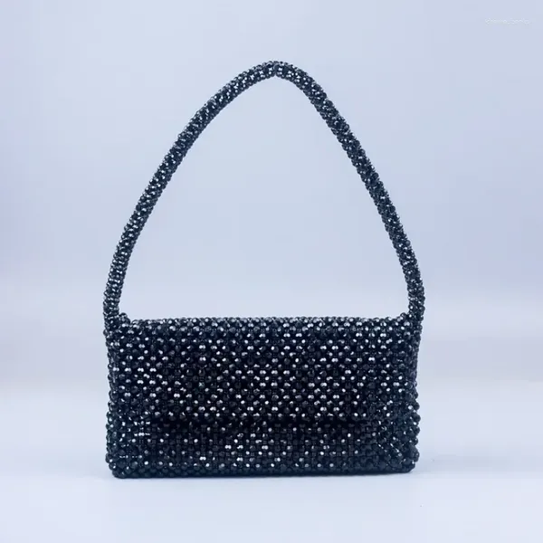 Bolsos de noche Bolso de hombro personalizado INS para mujer, hecho a mano, acrílico negro, con cuentas de cristal, bolsos de punto con solapa