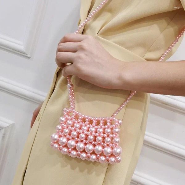 Bolsas de noche personalizadas hechas a mano lindo mini auricular lápiz labial bolso de mujer 2023 moda rosa acrílico con cuentas tejido crossbody hombro