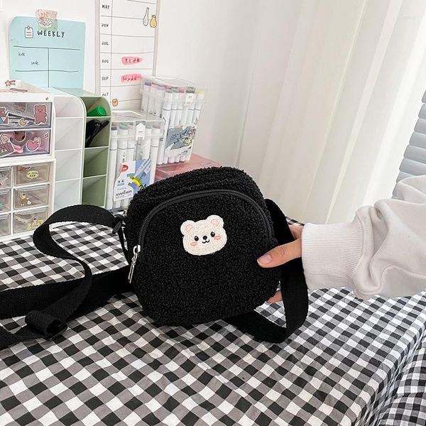 Bolsos de noche con estampado de oso bonito para mujer, pequeño bolso de hombro de felpa, bandolera de tela tipo cordero para mujer, monedero con cremallera, bolso para teléfono móvil