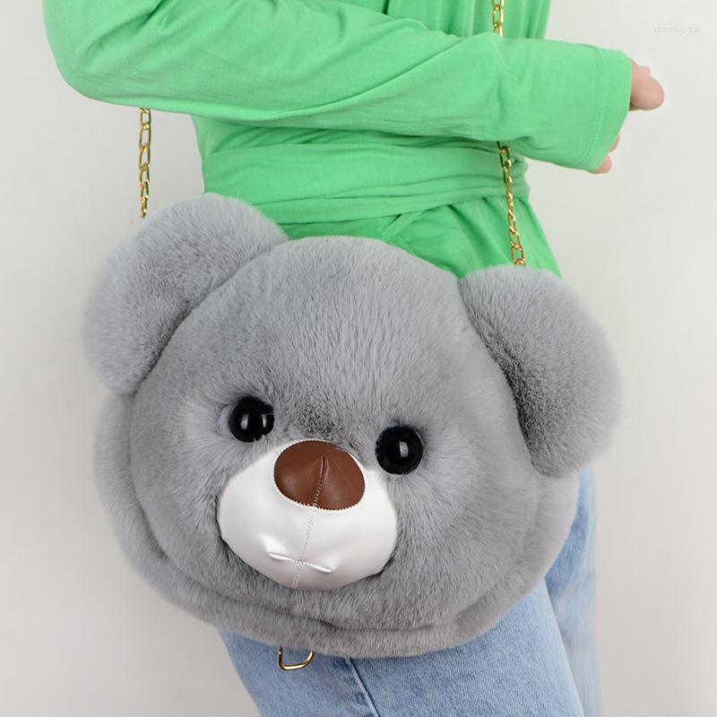 Evening Bags Cute Cartoon Plush Bear Head Messenger Small Bag Female Winter Student Girl Child Doll Shoulder