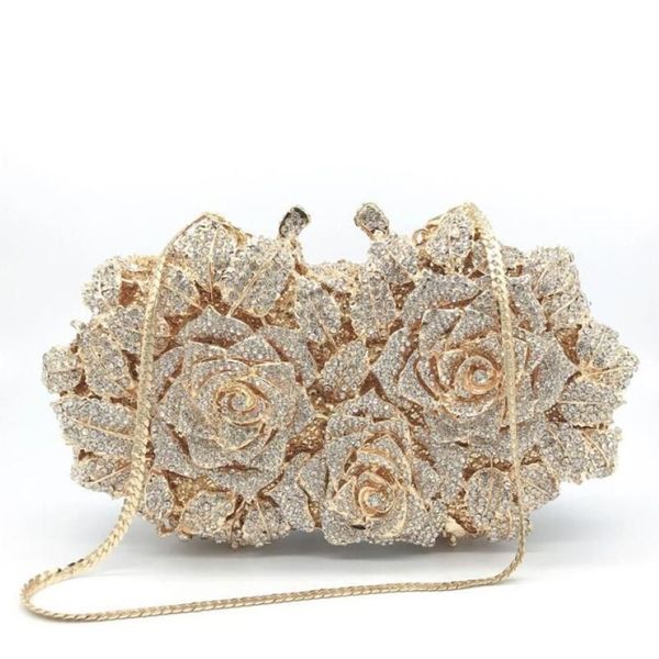 Sacs de soirée Éblouissant Femmes Or Rose Fleur Creux Out Cristal Embrayages En Métal Petit Sac À Main Bourse De Mariage Pochette Diamond238Y