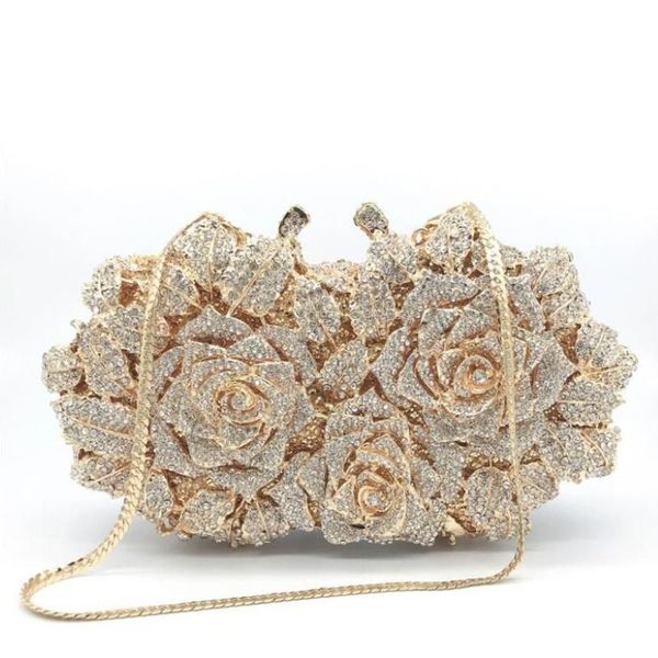 Sacs de soirée Éblouissant Femmes Or Rose Fleur Creux Out Cristal Embrayages En Métal Petit Sac À Main Bourse De Mariage Pochette Diamond282F