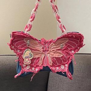 Sacs de soirée Denim Butterfly Sac à bandoulière Bandbody Contraste Couleur Acrylique Chaîne en forme de dopamine sous les bras