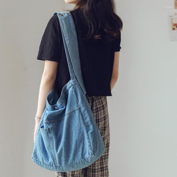 Sacs de soirée Denim bandoulière épaule pour femmes Style japonais adolescente décontracté poche livres sac d'école pochette sac à main solide grand jean