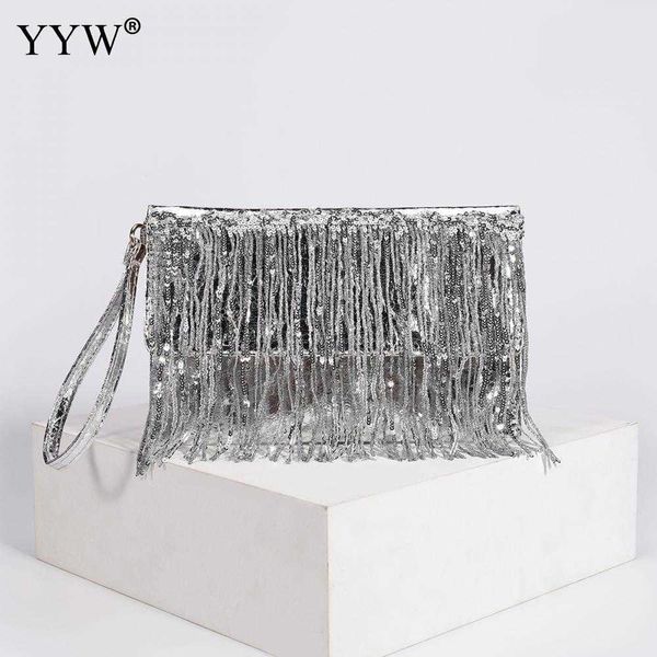 Bolsos de noche Diseño Bolsos de lujo Lentejuelas plateadas Borla de diamantes de imitación Mujeres Pequeñas carteras Cadena Elegante Señoras Fiesta Embrague Monedero 230427