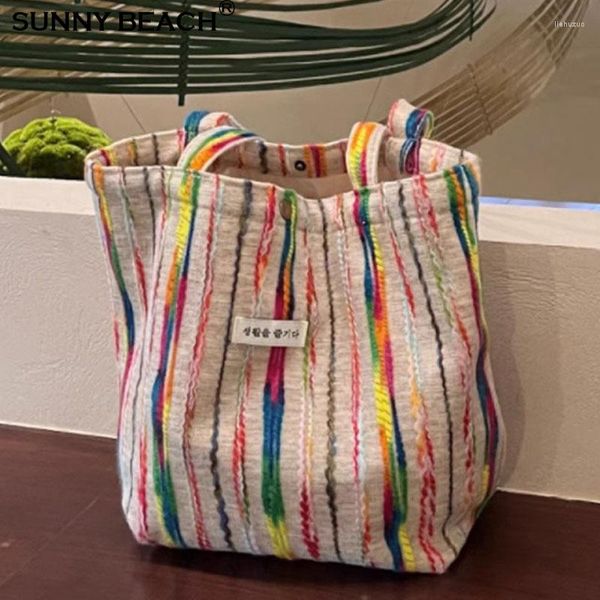 Bolsos de noche Diseñador Colorido Rayas Hombro Gran capacidad Bolso informal Bolso de mano Mujer Lona Mujeres Fordable Shopper