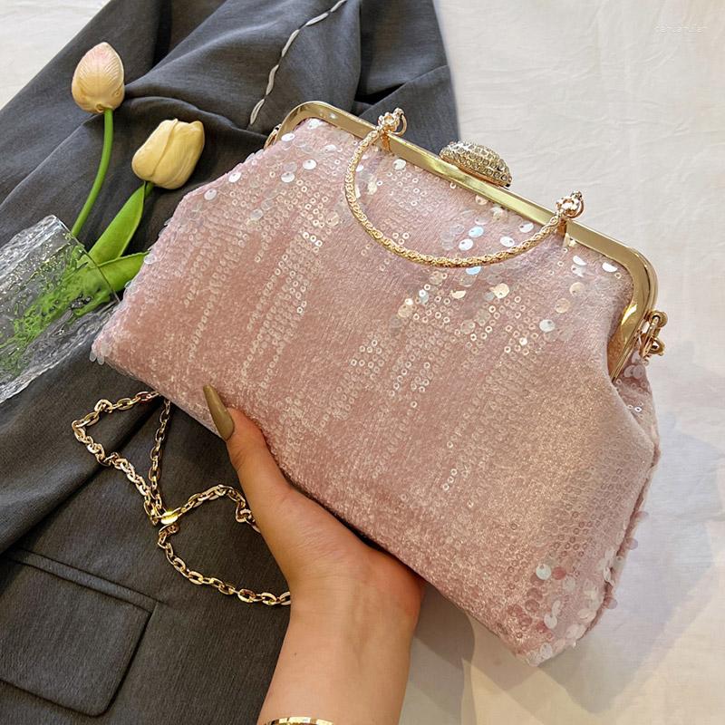 Evening Bags Designer Women Sequin Metal Handbag Chain Shoulder Bag Fashion Lady Party Clip Shell Coin Purse Luxury Clutch