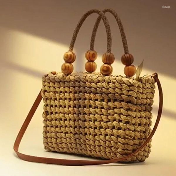 Bolsas de noche Diseñador de cuentas de madera Hierba Bolso de mujer Bolso tejido de hombro simple Moda Playa de paja Totes de gran capacidad