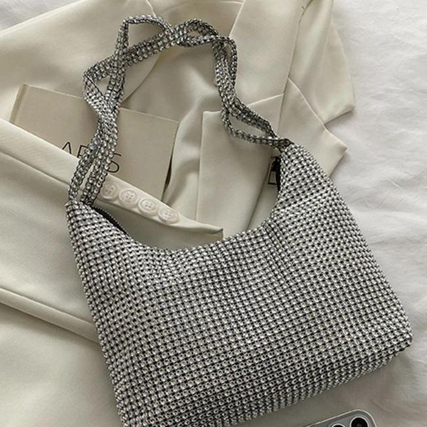 Bolsas de noche Bolso elegante bolso brillante para el embrague de diamantes de imitación plata axila hombro fiesta de boda