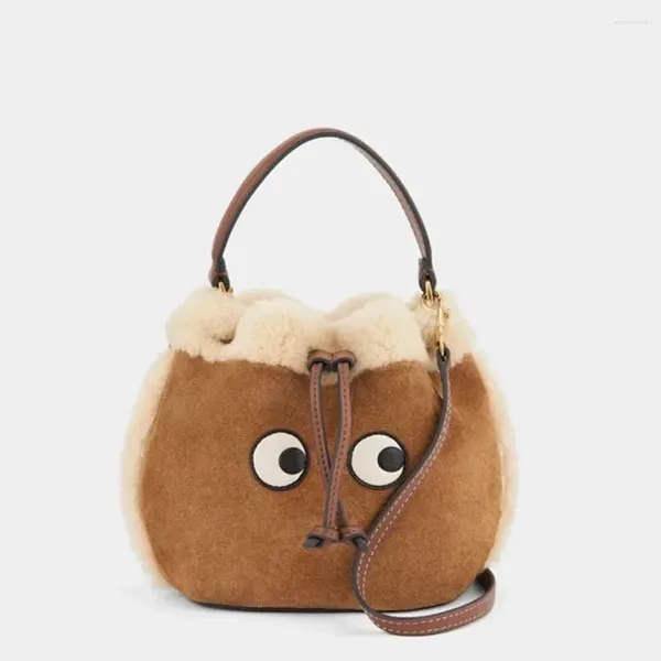 Bolsas de noche Ojos Patchwork Bolso de hombro Mujeres Lindo Peluche Cubo de cuero Señoras Marrón Bolso Crossbody 2023 Invierno