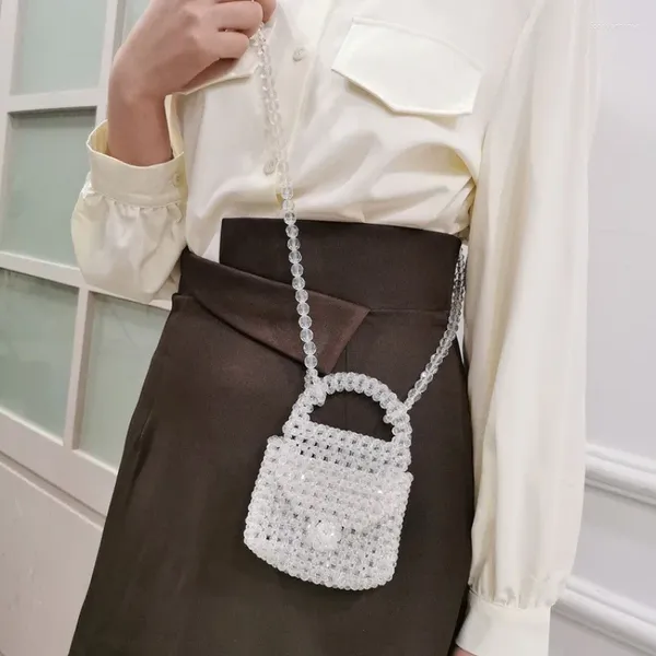 Bolsas de noche Moda Acrílico Perla con cuentas Punto de mano Bolsa de mano Vintage Transparente Blanco Hecho a mano Cristal Hombro de mujer