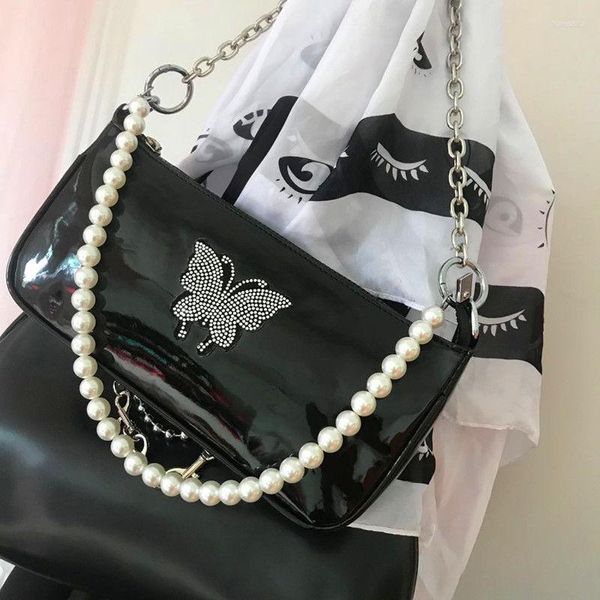 Bolsos de noche, bolso de mano de mariposa de diamante a la moda para mujer, cadena de cuentas de charol, bolso de hombro Vintage para chicas, bolso para axilas