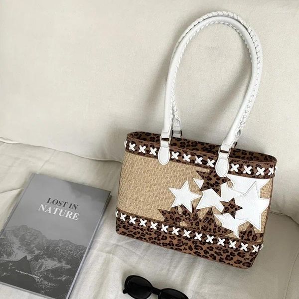 Bolsas de noche Moda Gran capacidad ToteBag Vintage Instagram Leopard Star Hombro de mujer Versátil Bolsa de compras de mano