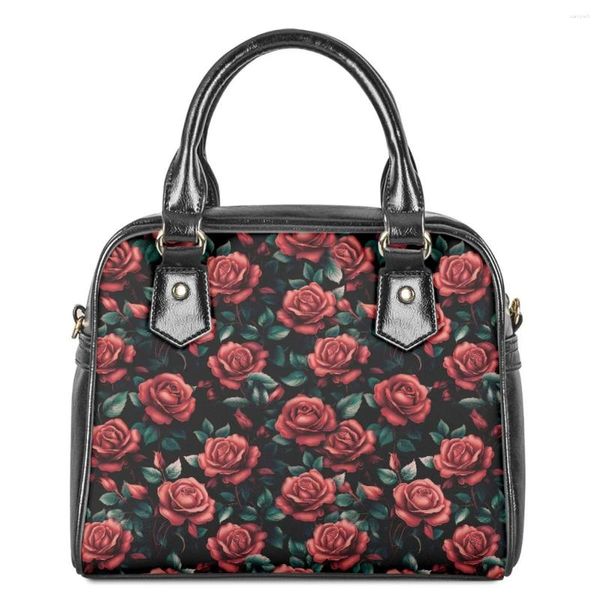 Bolsas de noche Moda Red Rose Leaf Patrón Mujeres Portátil Hombro Diagonal Bolsa Casual Mujer Top-Handle Ligero PU Messenger Sac