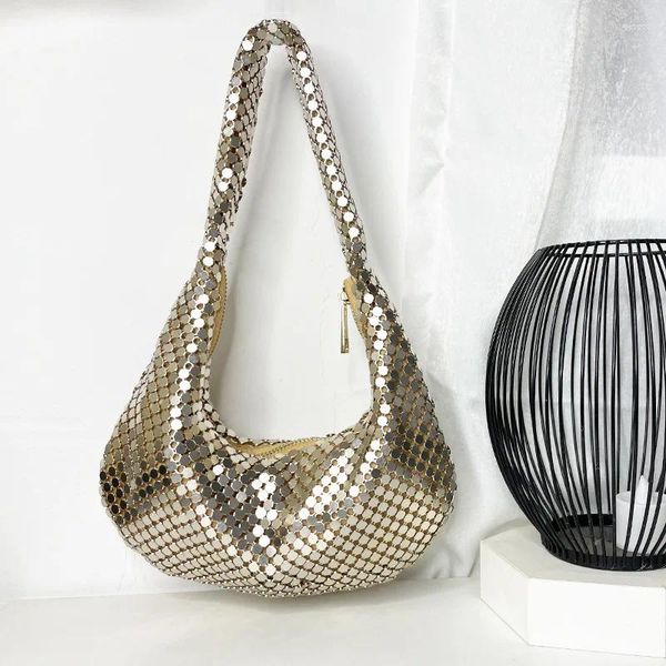 Bolsas de noche Bolso de hombro de moda Mujeres Modernas Malla Underarm Hobos Hoja de aluminio Shinny Bling Plain Silver Gold Side para damas