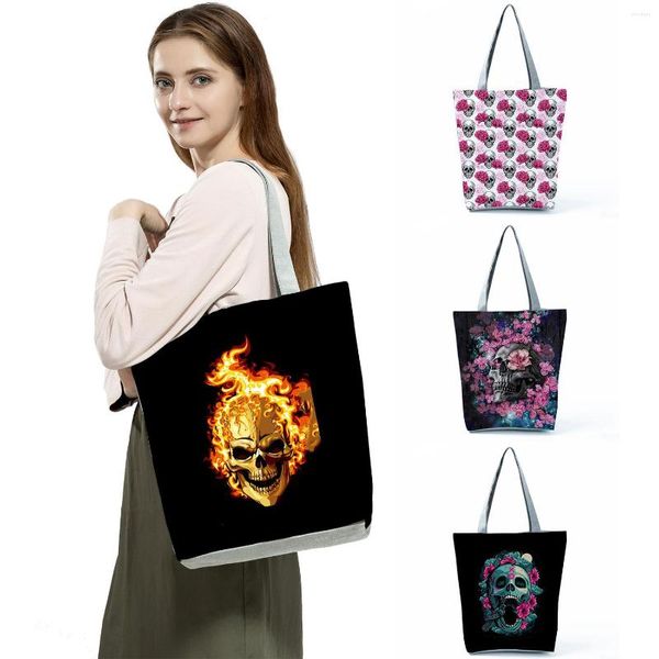 Bolsos de noche, bolsos de mano con estampado de calavera a la moda, bolsos de compras reutilizables ecológicos, bolso de gran capacidad negro, estilo Floral, bolso de hombro para mujer