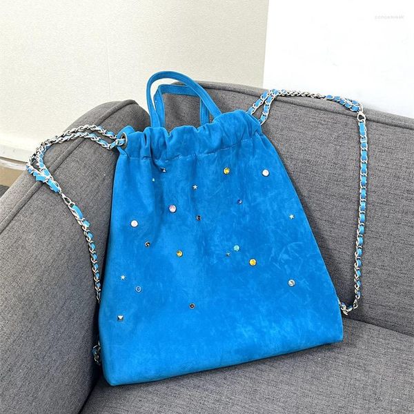 Bolsos de noche Moda Mochila de cuerda para mujer Bolsos de cuero mate Decoración de diamantes de imitación Cadena para mujer Hombro Universitario Chicas Bolsa de libros