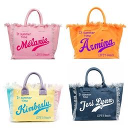 Bolsos de noche Bolso de lona de borla de carta personalizable de moda Bolso de playa de verano para mujer Bolso de viaje de gran capacidad Regalos de boda 230721