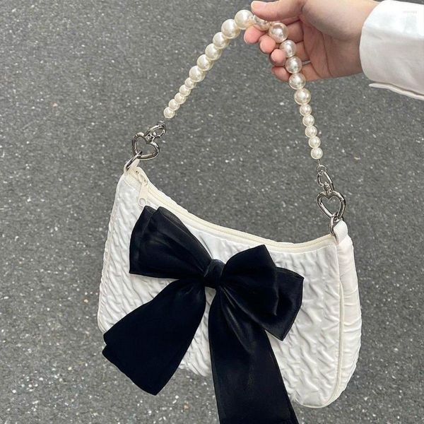 Sacs de soirée Faux Perle Chaîne Femmes Épaule Sous-bras Sac Femelle Bowknot Bourse Petit Fourre-Tout Sacs À Main Vintage Doux Nylon Filles Messenger