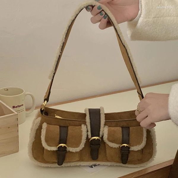 Sacs de soirée Faux Daim Épissage Laine d'agneau pour femmes Luxe Designer Sac à main Sac à main 2023 Vintage Double poches épaule bandoulière