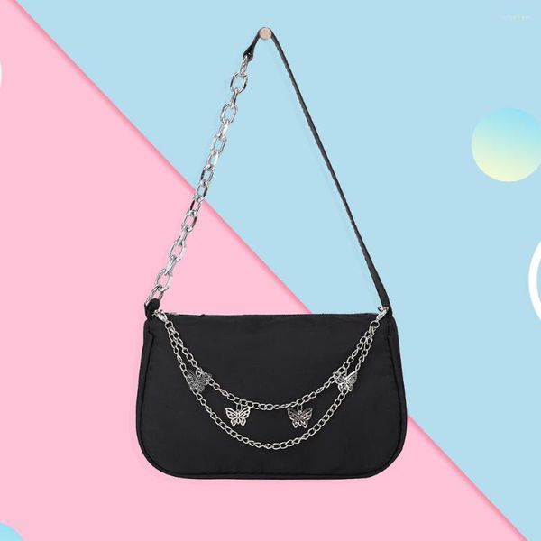 Bolsos de noche para mujer, de nailon negro, axilas, informales, con cadena de mariposa, bolso de hombro para mujer, bolsos pequeños de estilo japonés y coreano