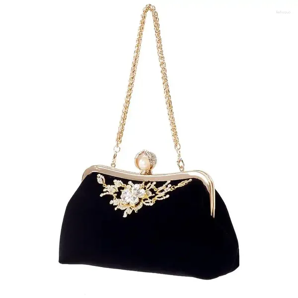 Bolsos de noche Bolso de mano con perlas de diamantes para mujer, bolso de flores de cristal Vintage, bolso de mano para fiesta de boda y novia (negro)