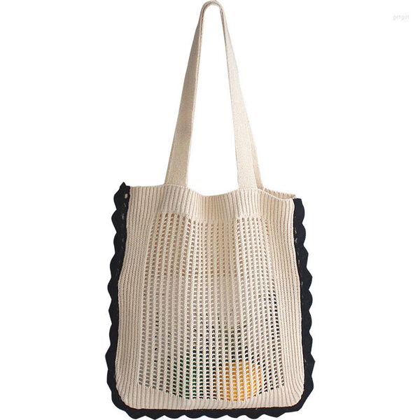 Sacs de soirée Femme Coréenne Ins Tendance Doux Tricoté À Volants Évider Top-poignée Sac Fourre-Tout 2023 Fille Mode Casual Crochet Tissé Mignon