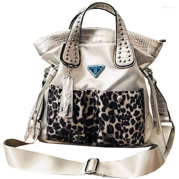 Sacs de soirée Femme Qualité Véritable Sac à bandoulière en cuir Patchwork Grande capacité Fourre-tout Femmes Léopard Voyage Casual Grande Taille Quotidien Daypack