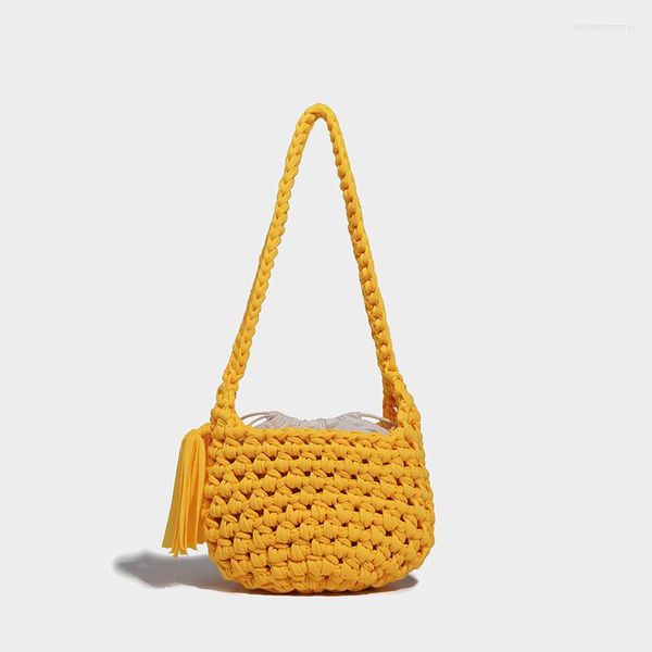 Bolsos de noche FIRMRANCH Summer Hollow Beach Vacation Pouch Pure Handmade Crochet Knitted Casual Shoulder Bag Mujer Tela Raya Borla