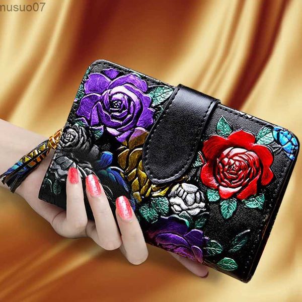 Bolsos de noche Monedero corto floral para mujer 2024 Nuevo Mini Cartera de cuero de vaca para mujer Tarjetero pequeño Carteras de cuero de vaca Monedero femenino vintage