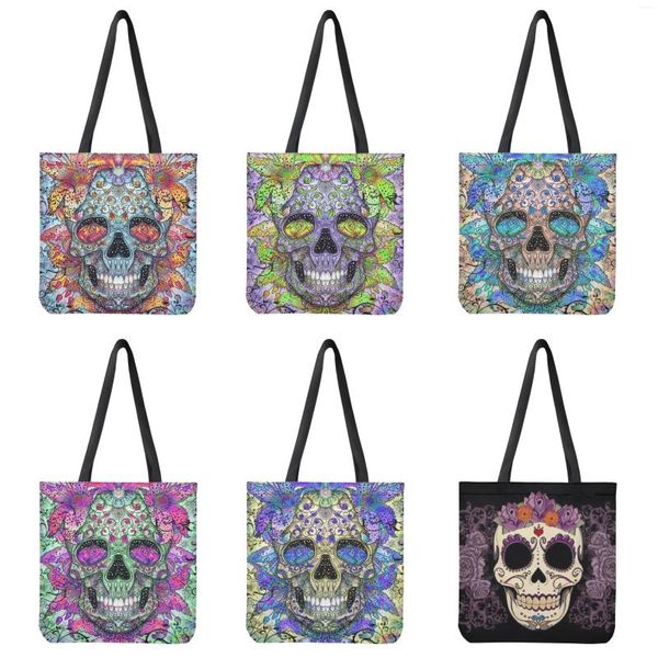 Bolsas de noche FORUDESIGNS Eco Bolsa de compras reutilizable Cráneo floral Impreso Bolsos de alta capacidad Viajes Moda personalizada Tote de hombro