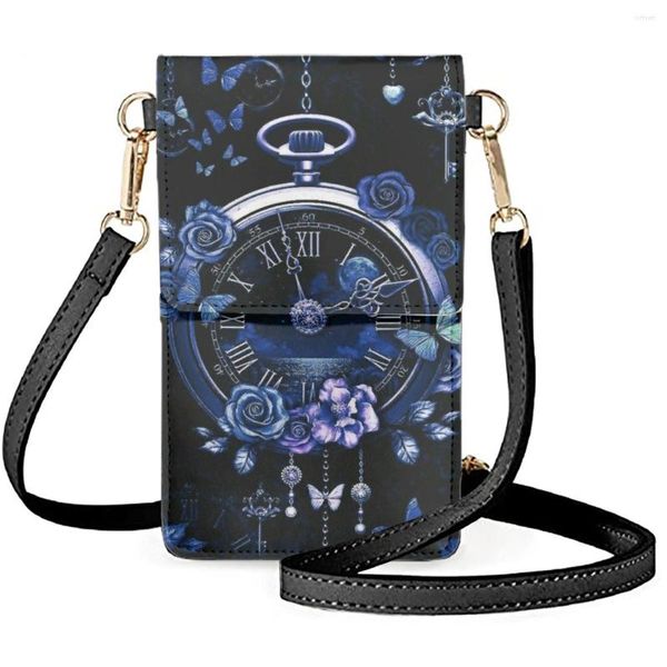 Bolsos de noche FORUDESIGNS Diseño de patrón de reloj de bolsillo Teléfono celular Clásico Romántico Rose Flower Flap Messenger Bag Bolso de mujer