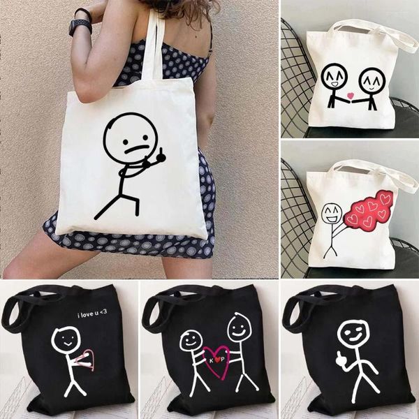 Bolsos de noche Sonrisa divertida Simple Pareja linda Arte de línea Figuras de palo Corazón de amor Bolso de compras de algodón para mujer Bolso de hombro de lona para mujer